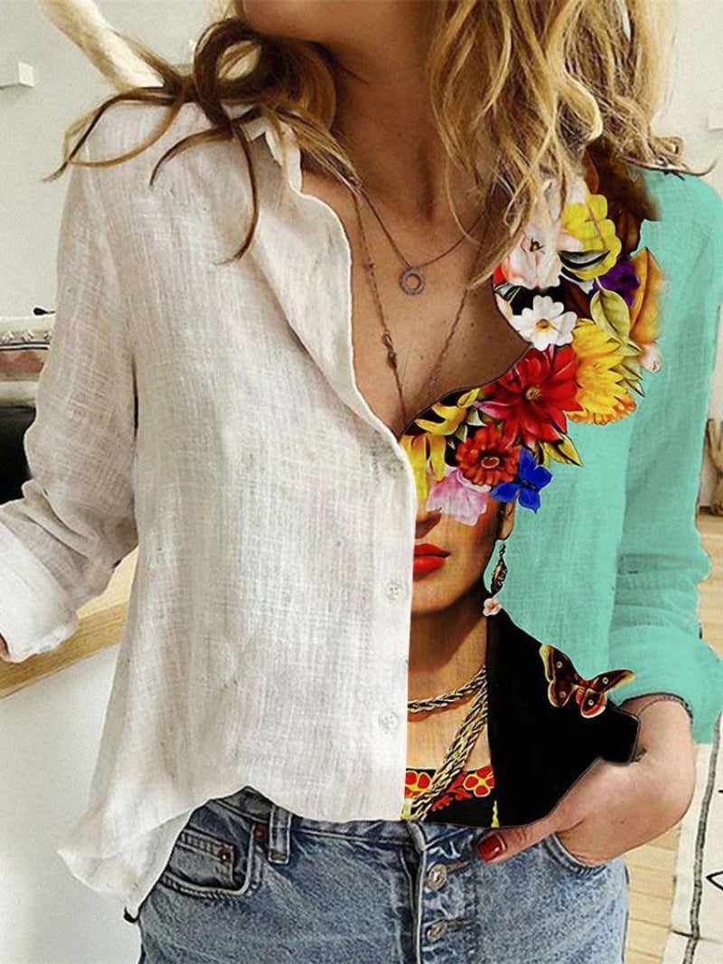 Classic Women's Shirt Printed Long-sleeved Casual Blouse