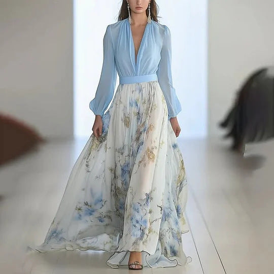 Women's Summer Digital Printed Long-sleeved Stitching Dress