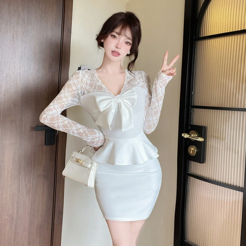 Women's Sexy Lace Stitching Long Sleeve Narrow Bottoming Dress