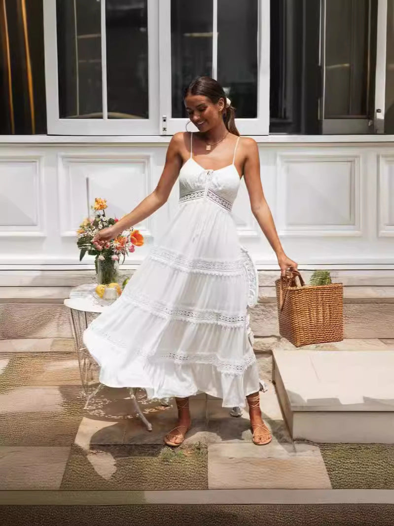 Women's Bohemian Strap Lace Stitching Large Swing Dress