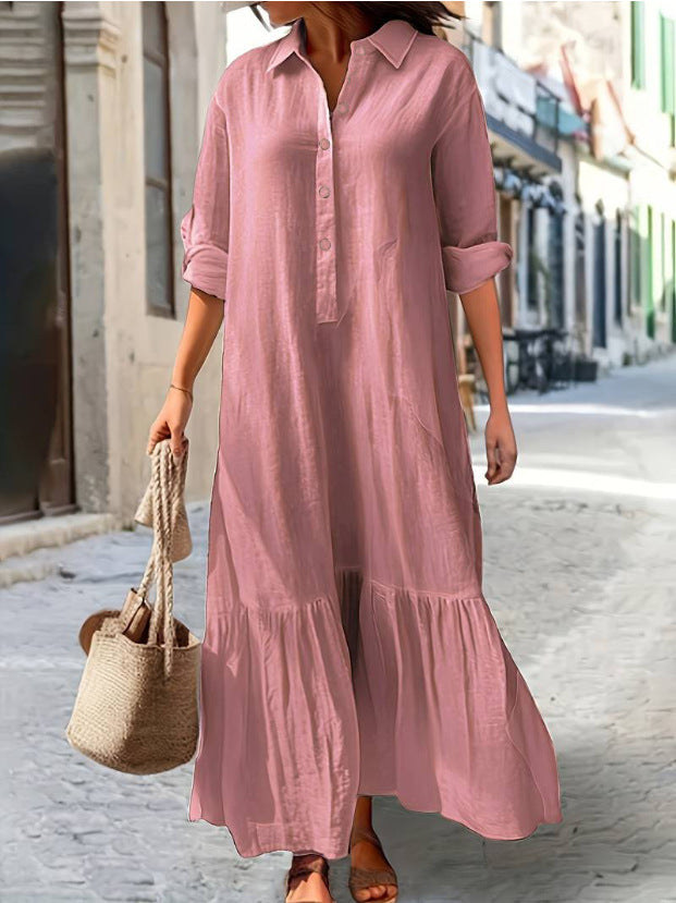 Cotton Linen Long Irregular Shirt Collar Skirts