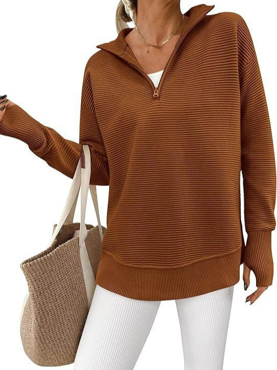 Women's Long Sleeve Half Zip Rib Knitted Pullover Early Autumn Clothing