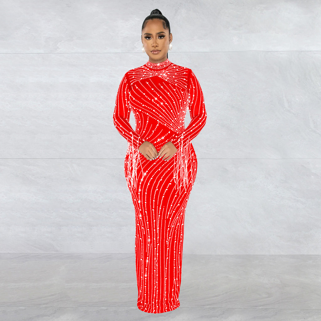 Women's Mesh Hot Drilling Long Sleeve Lining Two-piece Dress