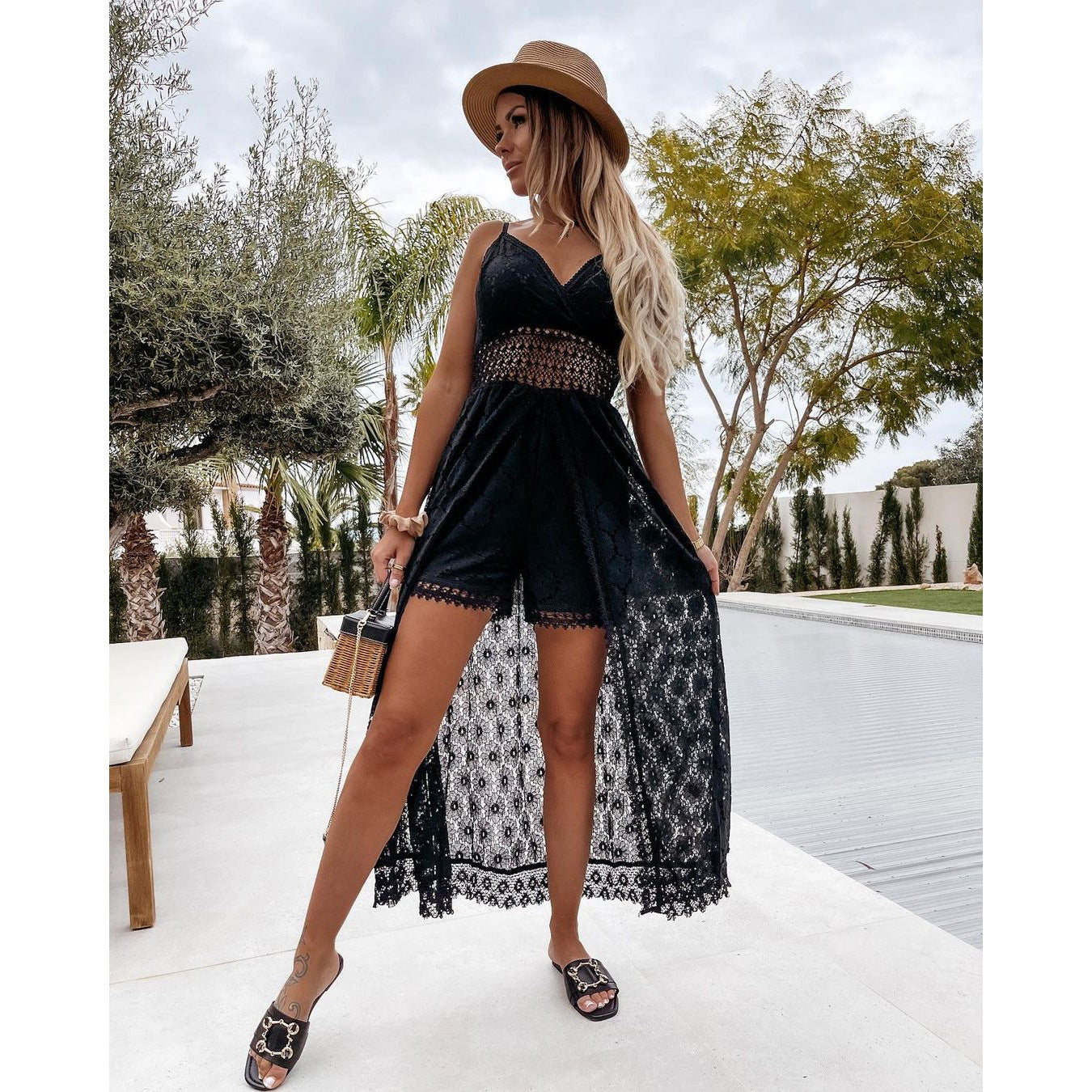 Summer Lace Large Swing Solid Color Dress
