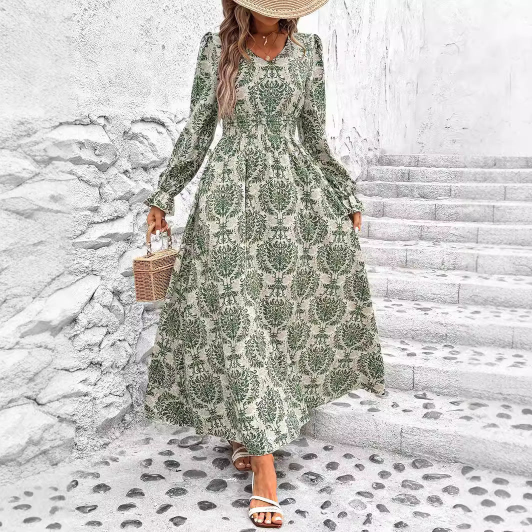 Women's Autumn Printed Long Sleeve Big Hem Dress
