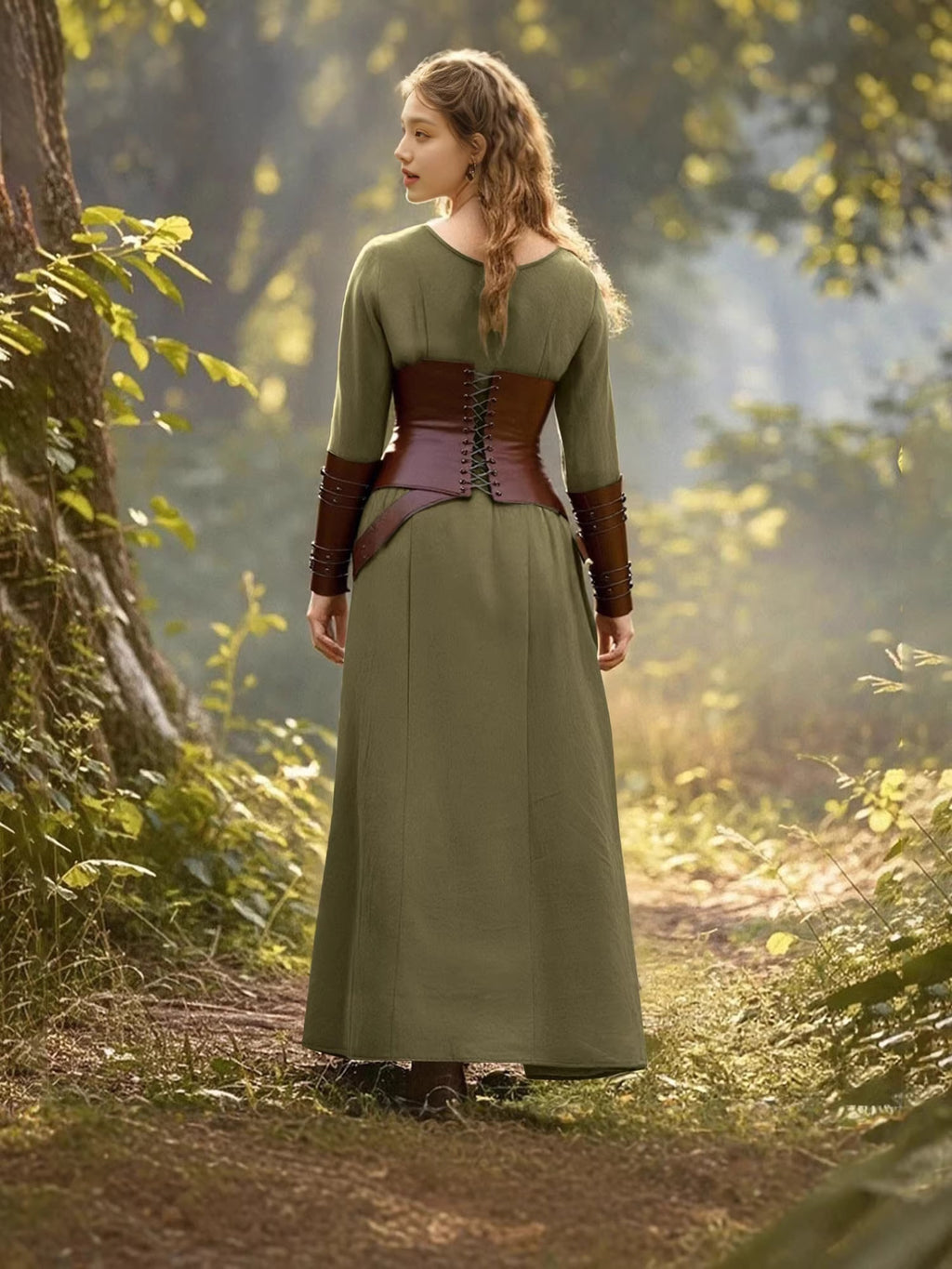 Women's Medieval Retro Crew Neck Long Sleeve Slim Artistic Cotton Linen Dress