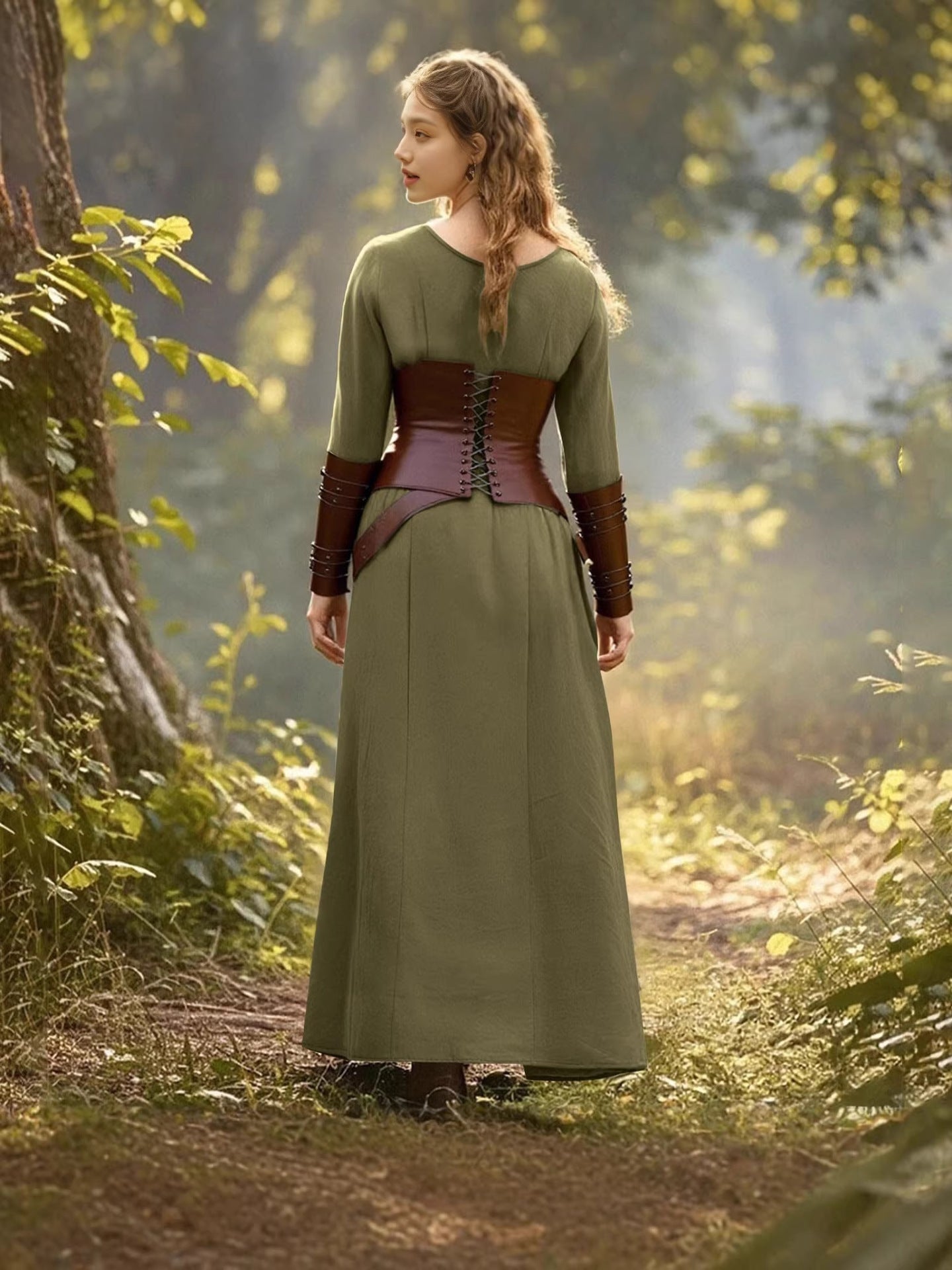 Women's Medieval Retro Crew Neck Long Sleeve Slim Artistic Cotton Linen Dress