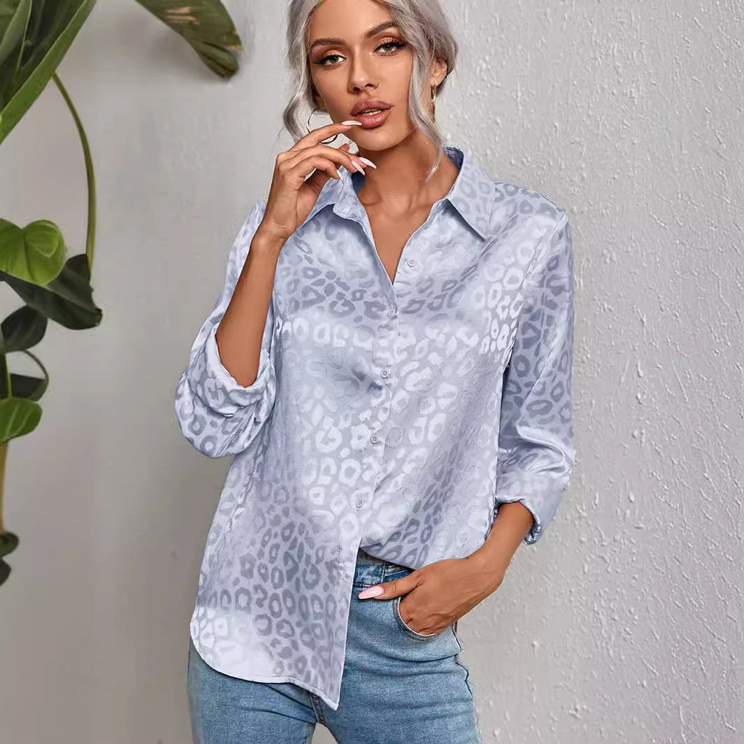 Women's Open Button Leopard Jacquard Shirt Temperament Commute Long Blouse