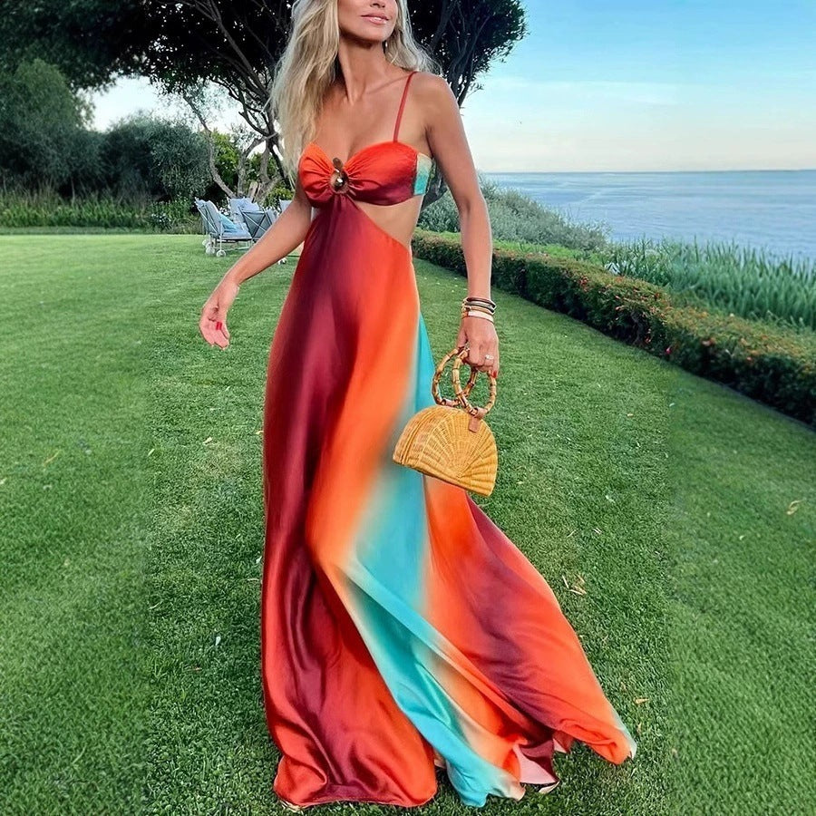 Sexy Sling Gradient Color Island Style Dress