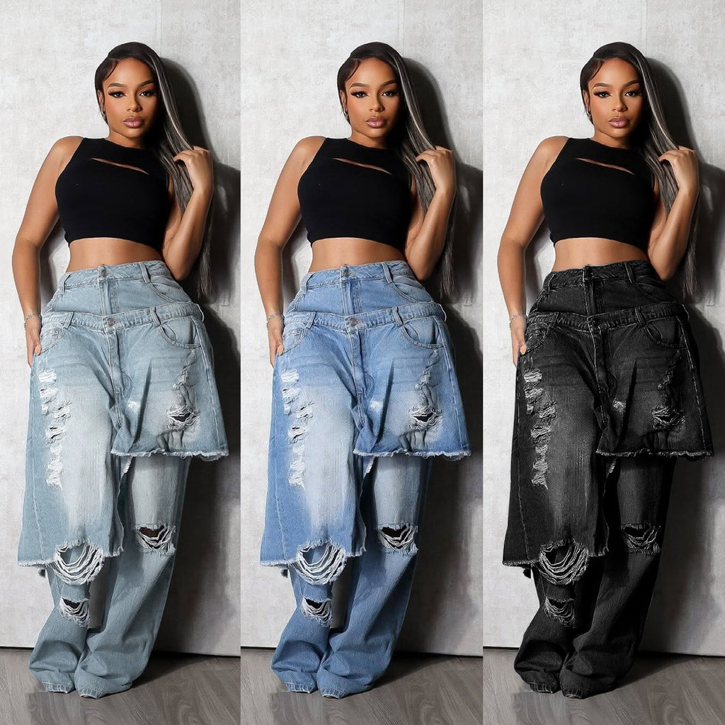 Women's Fashion Denim Distressed Stitching Horse Riding Cut Decoration Women's Jeans