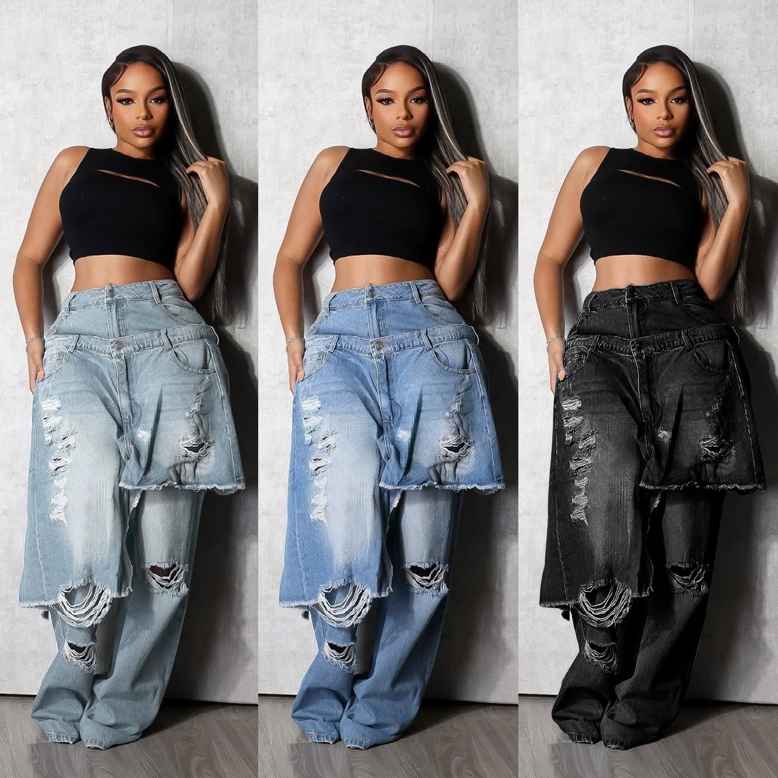 Women's Fashion Denim Distressed Stitching Horse Riding Cut Decoration Women's Jeans