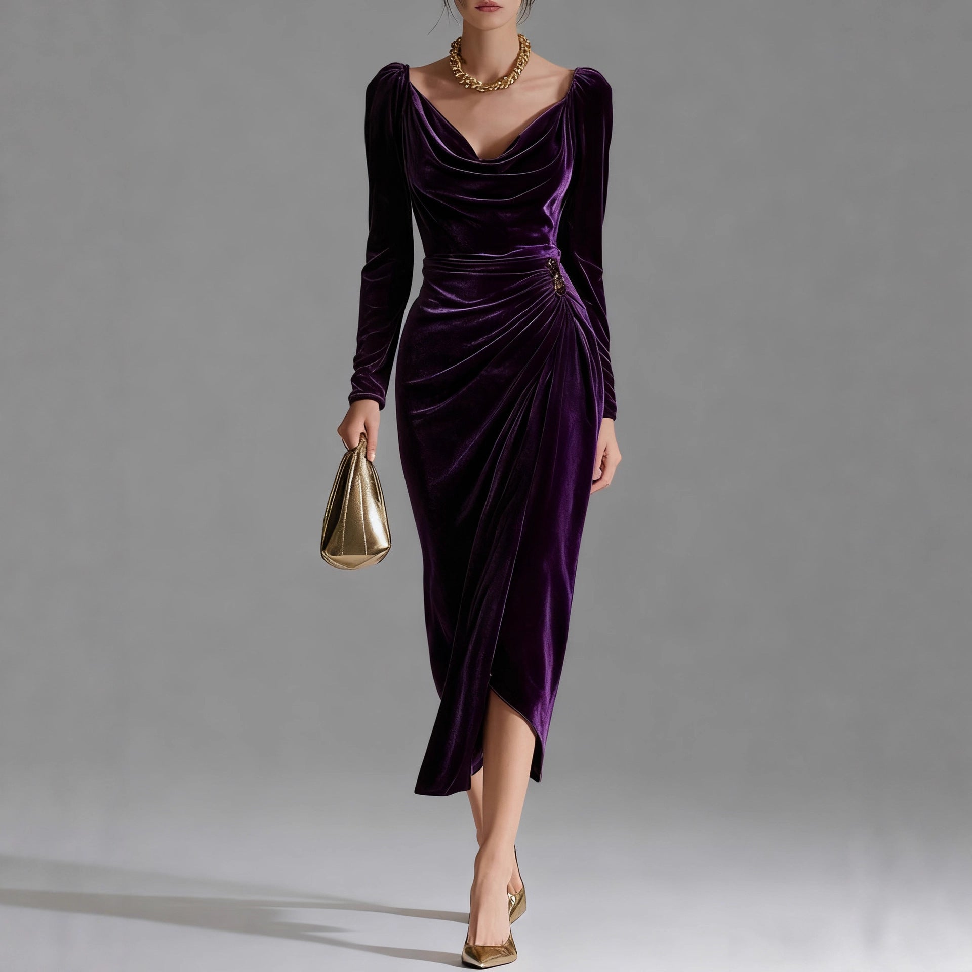 Women's Gold Veet Sexy Slimming Long Sleeves Pleated Slit Dress