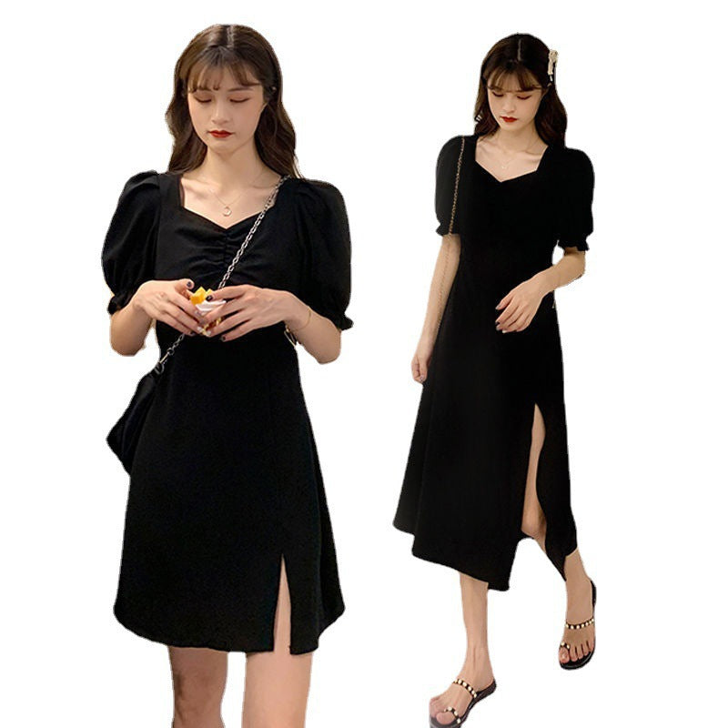 Large Slimming For Fat Temperament Square Collar Tight Waist Dress