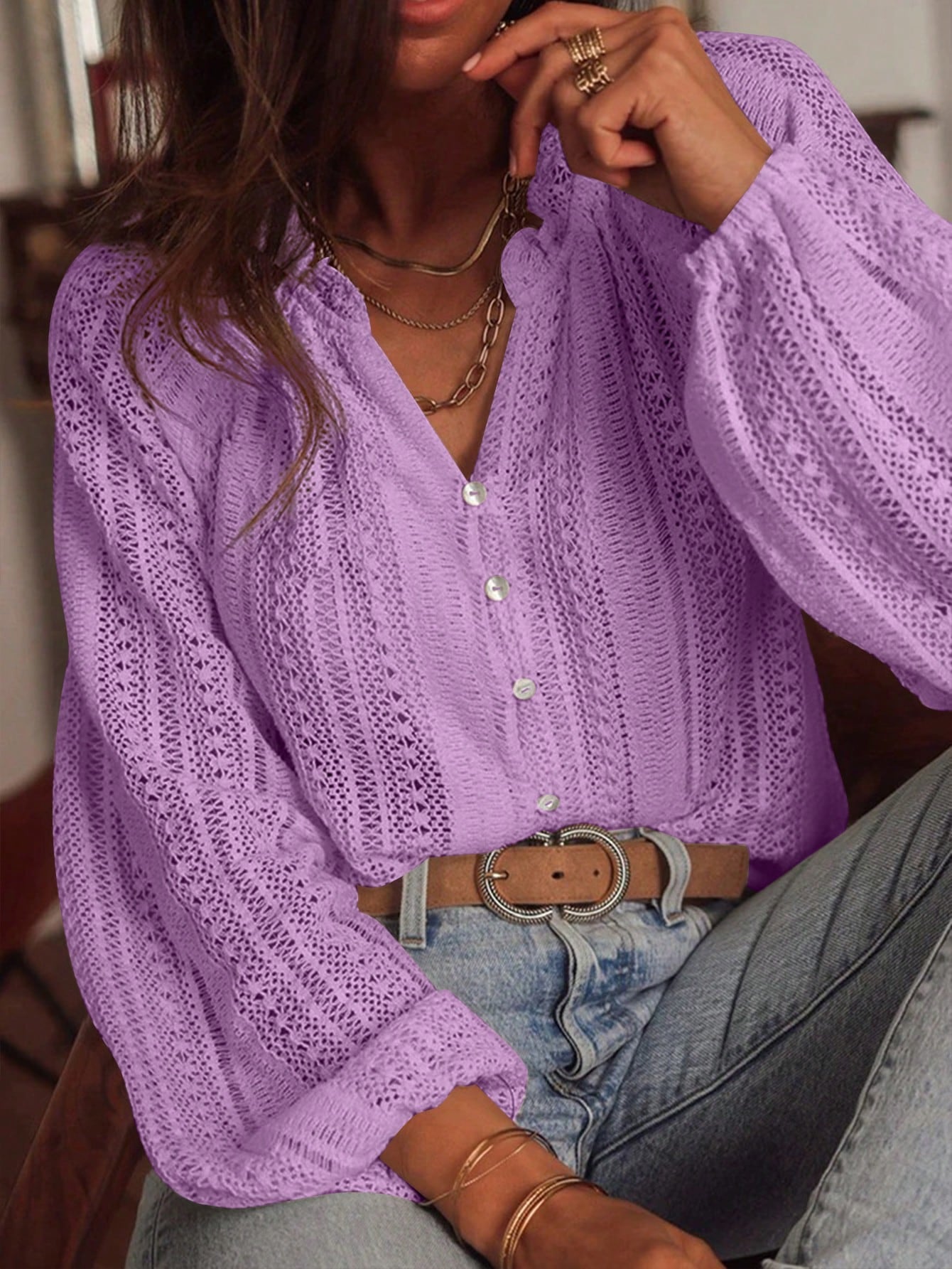 Loose Fashion Versatile Lace Single-breasted Long Sleeve Women's T-shirt