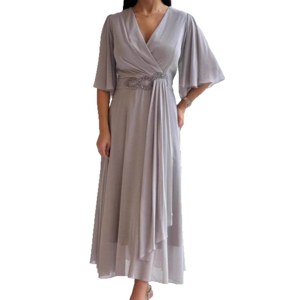 Women's Pleated Fashionable Solid Color Long Gentle Dress