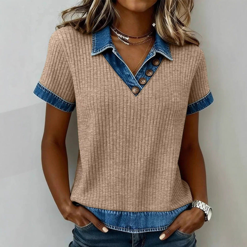 Attractive Women's Casual Denim Patchwork Knitting Women's T-shirt