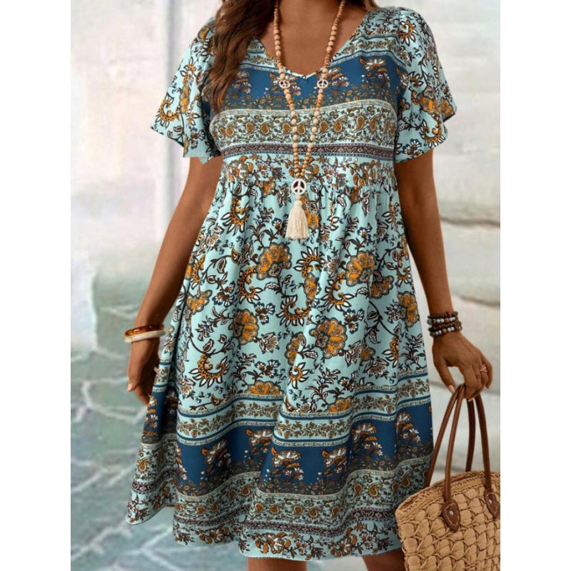 Floral Print Sleeve Pullover Crew Neck Casual Dress