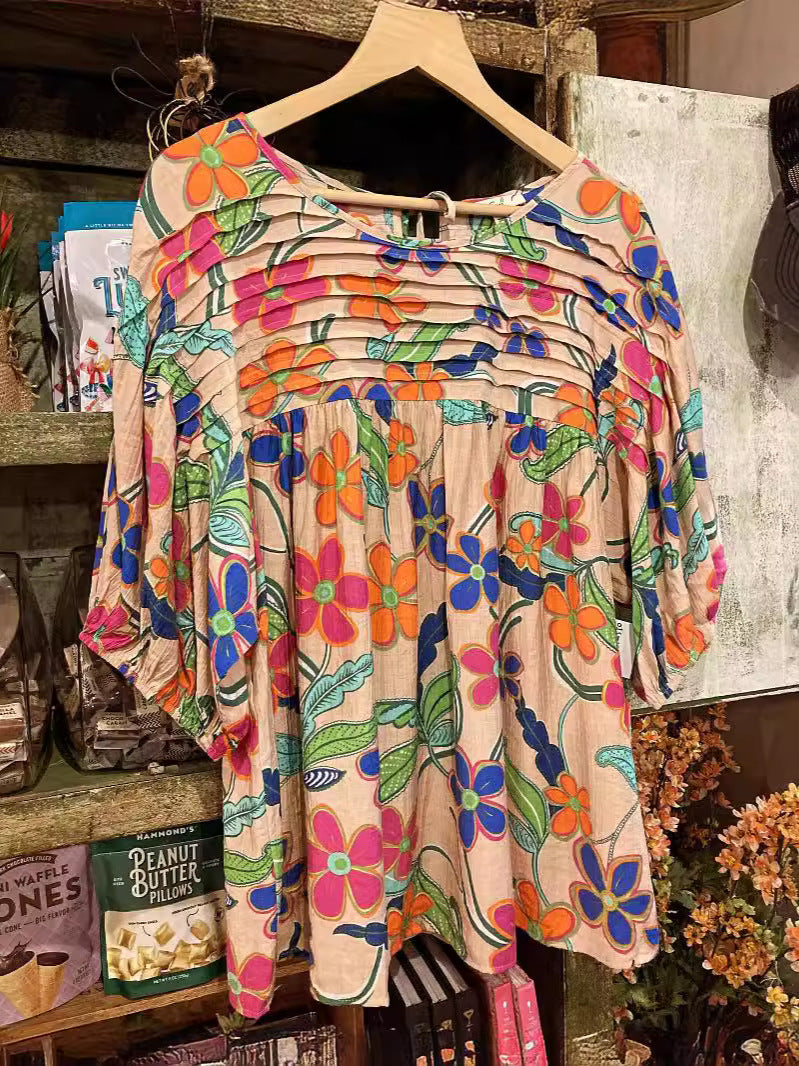 Women's Pleated Round Neck Printed Shirt Blouse
