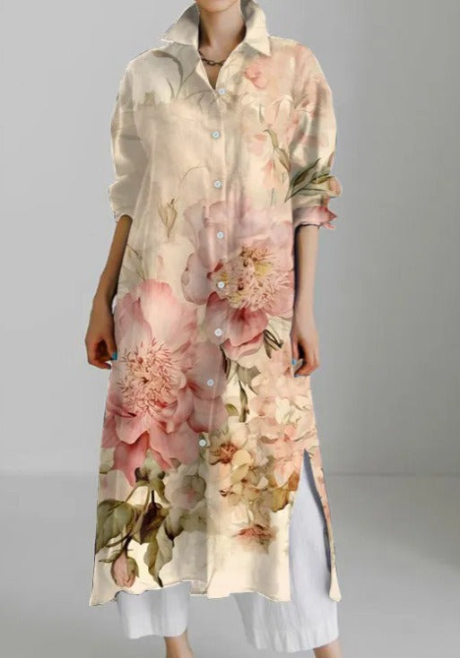 Women's Casual Abstract Printing Long Sleeve Slit Shirt Blouse