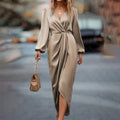 Women's Cross Collar Pleated Split Puff Sleeve Irregular Dress