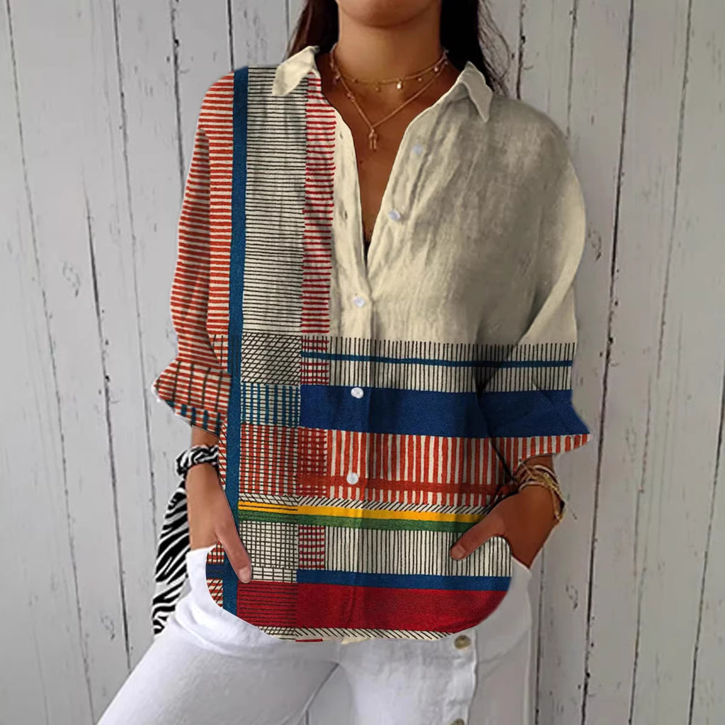 Women's Digital Printing Lapel Long Sleeve Linen Blouse