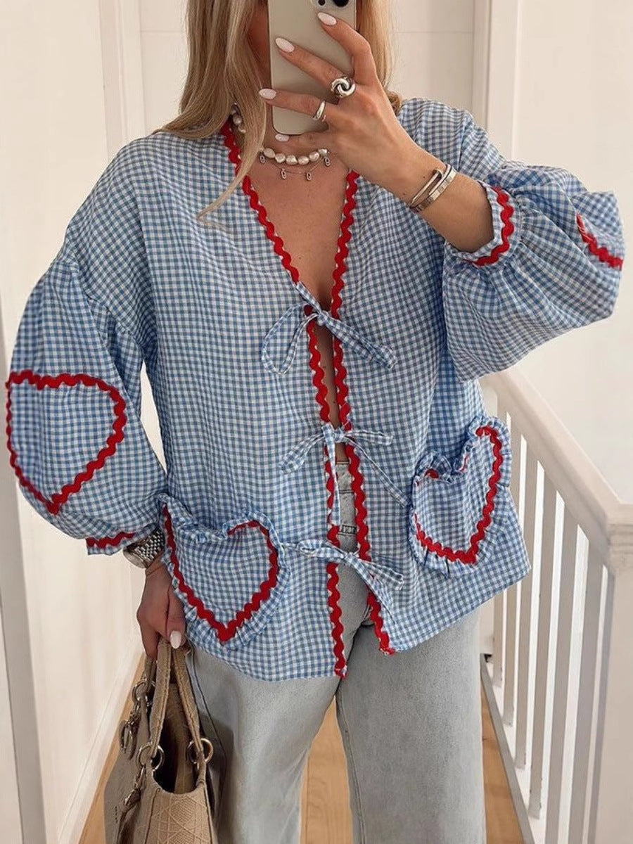 Lantern Sleeve Love Plaid Shirt French Design Blouse