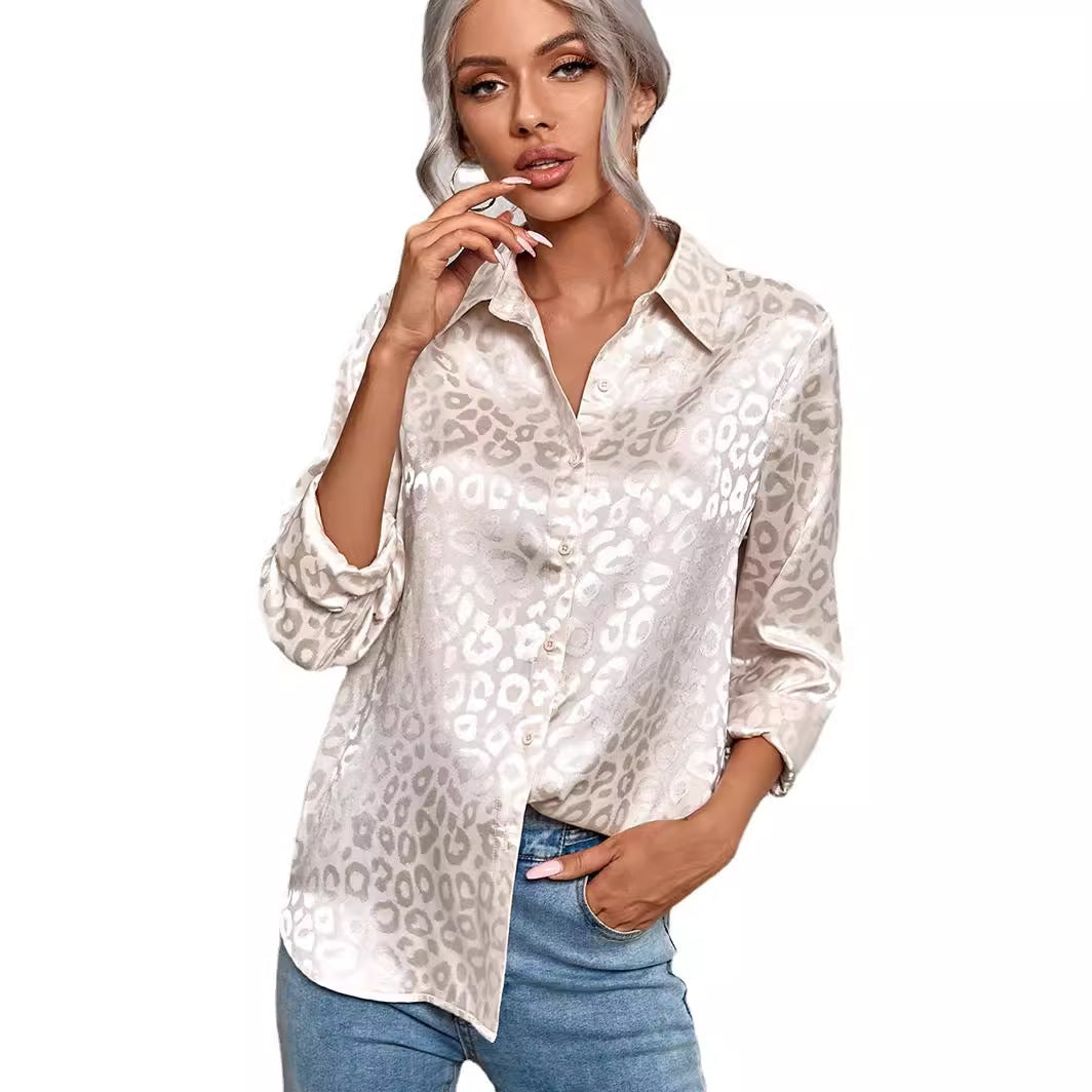 Women's Open Button Leopard Jacquard Shirt Temperament Commute Long Blouse