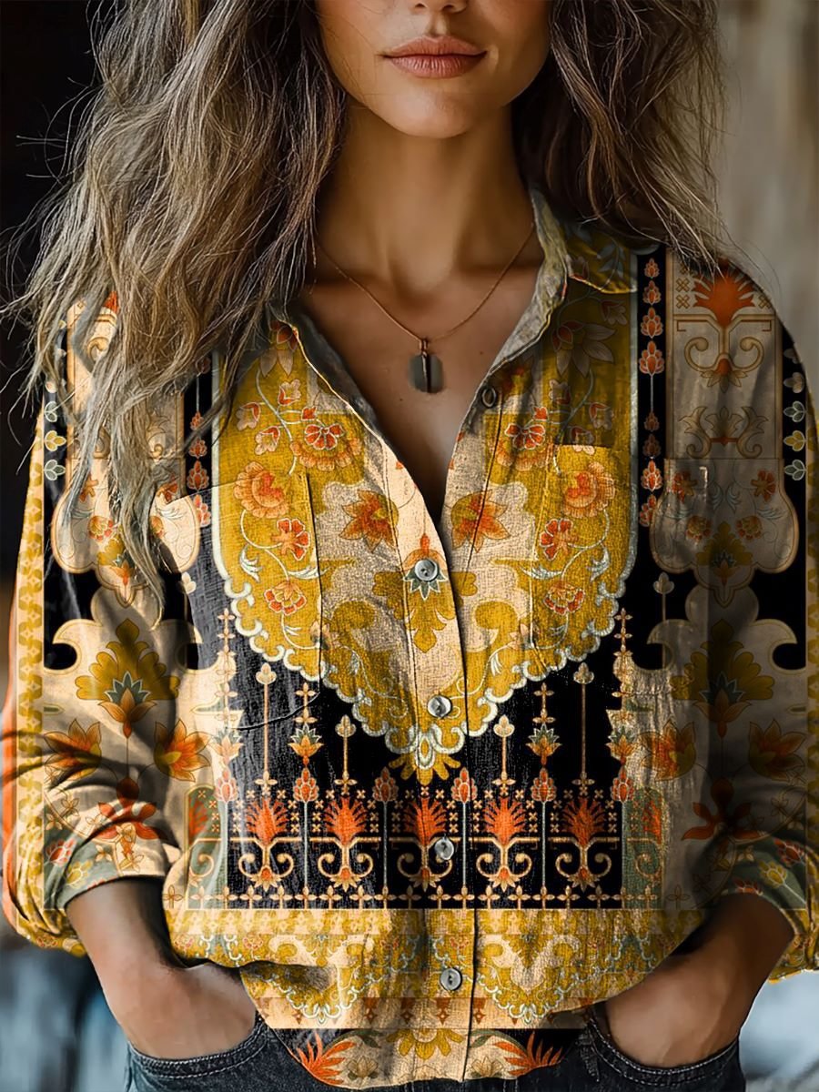 Women's Digital Printing Fashion Lapels Long Sleeve Blouse