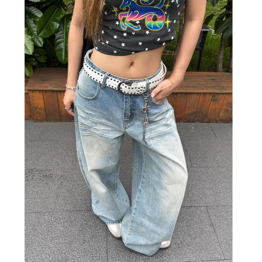 Women's Blue High Waist Wash Autumn Loose Wide Leg Women's Jeans