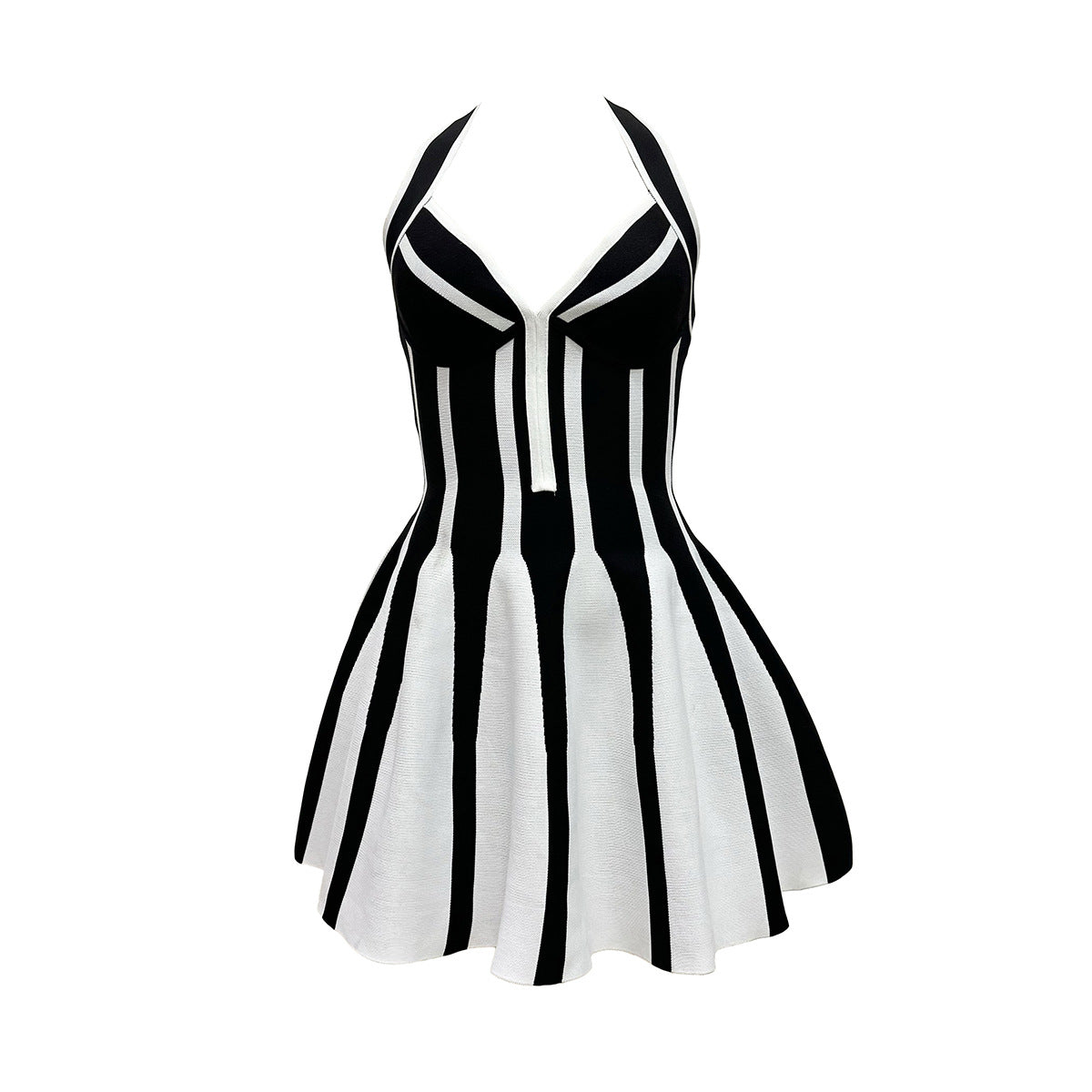 Women's Sexy Black White Contrast Color Striped Backless Halter Jacquard Knitted Dress