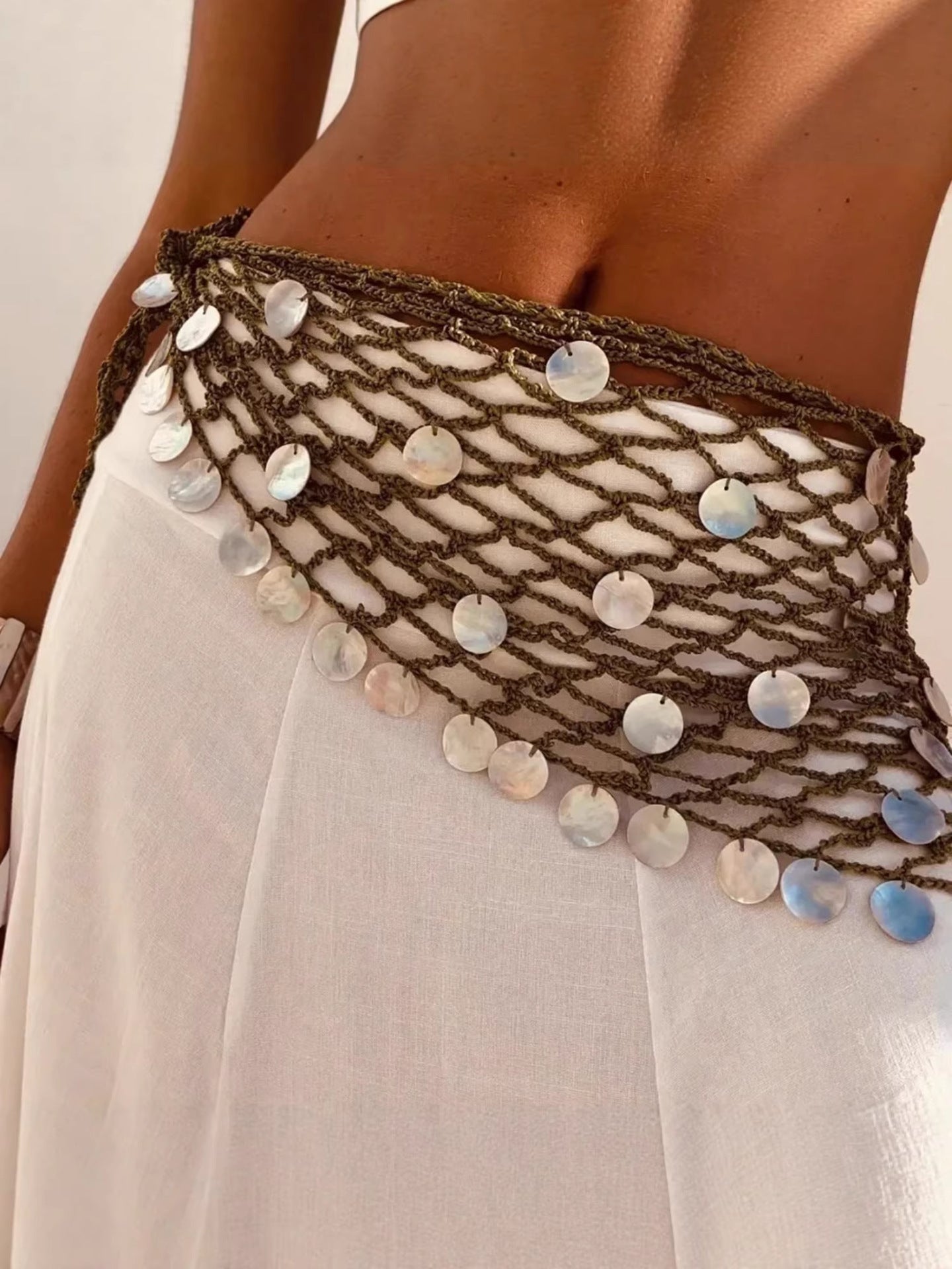 Summer Hollow Shiny Crystal Pendant Hand Crochet Skirt