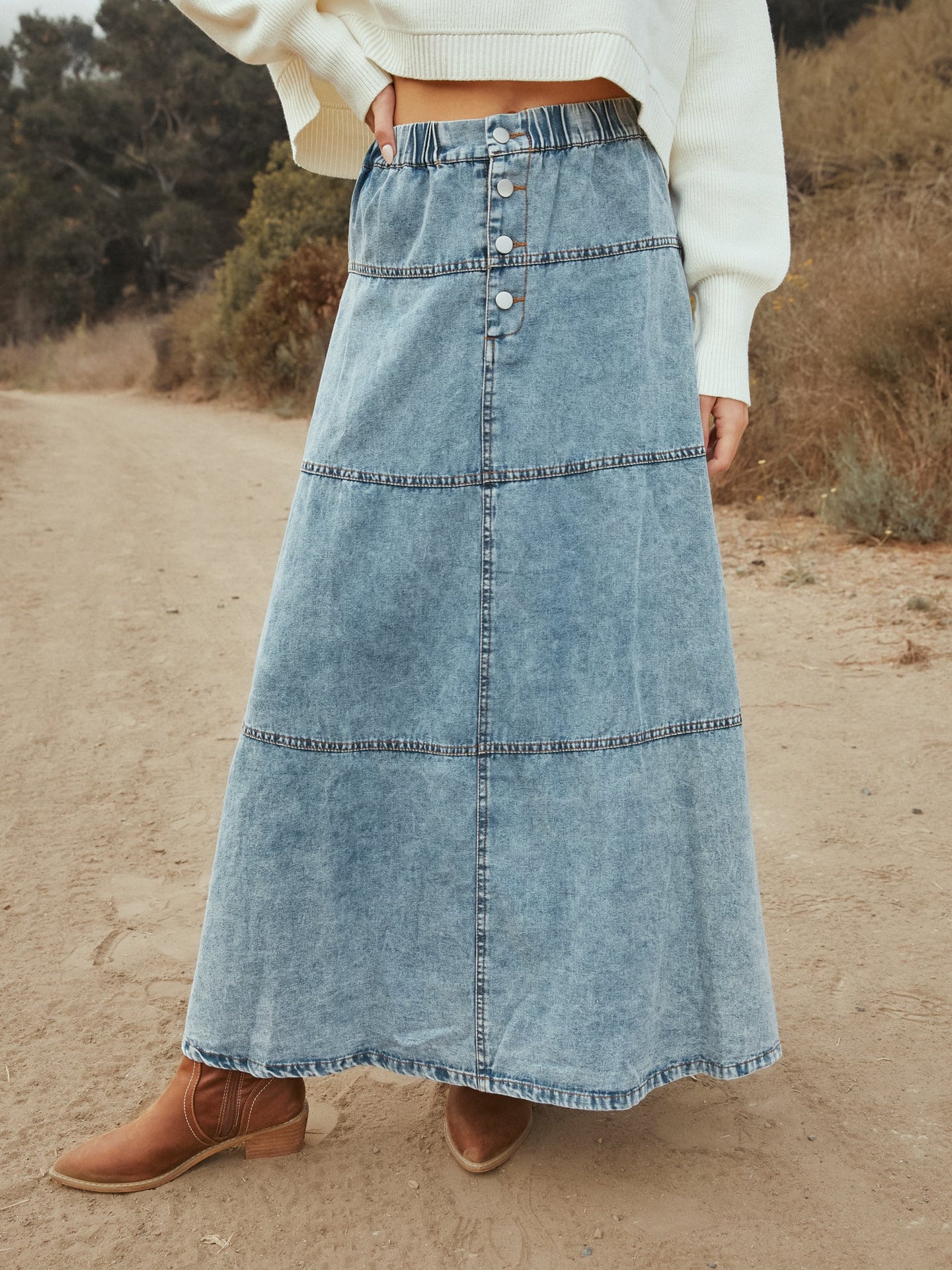 Charming Women's Bohemian Layered Stitching Denim Skirt