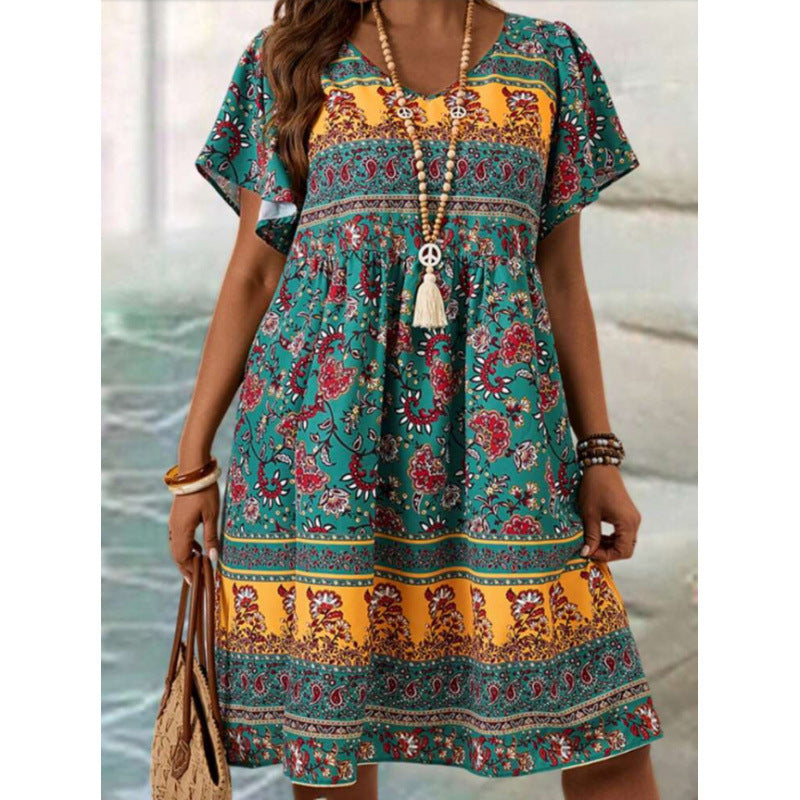 Floral Print Sleeve Pullover Crew Neck Casual Dress