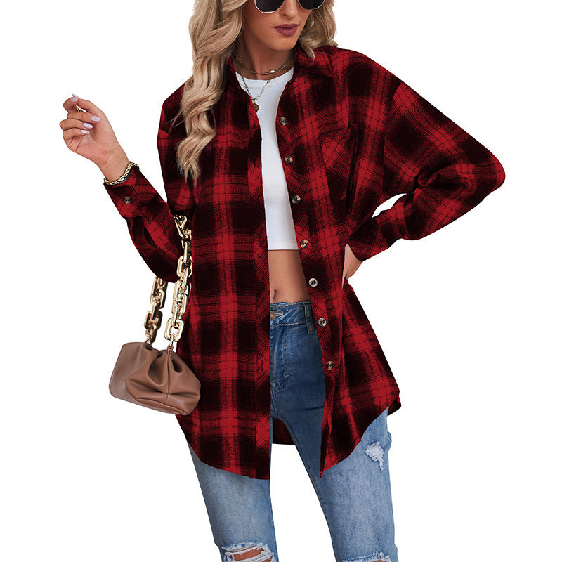 Women's Casual Boyfriend Style Loose Plaid Shirt Blouse