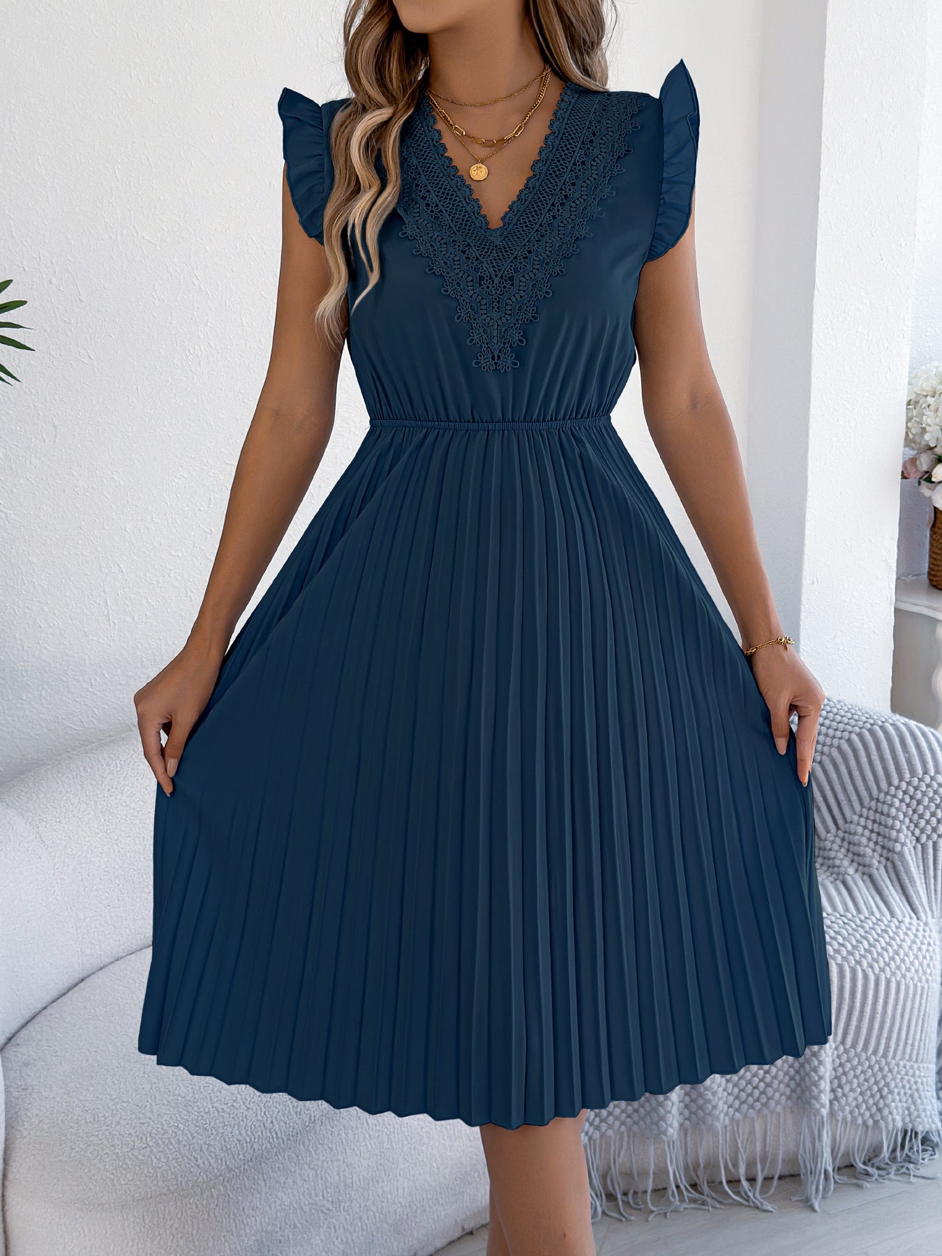 Women's Casual Lace Ruffled Cinched Pleated Dress