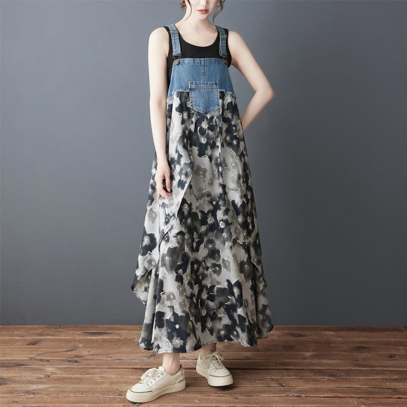 Color Loose Denim Stitching Floral Strap Dress