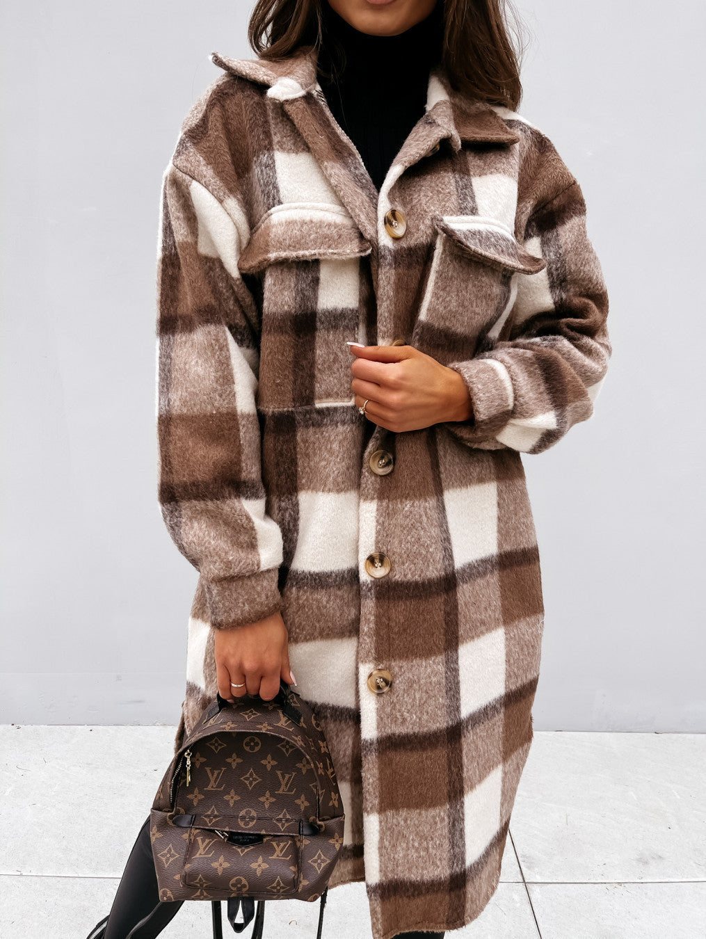 Women's Long-sleeved Plaid Printed Mid-length Shirt Blouse