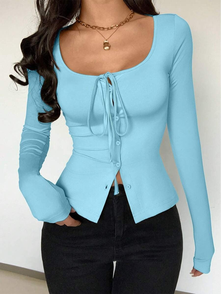 Women's Sexy Long-sleeved Slim Slimming Button Women's T-shirt