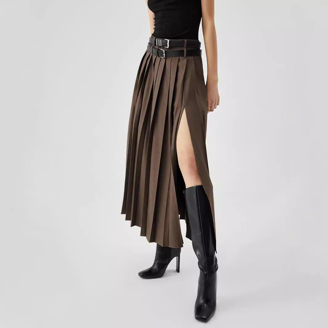 Women's Gray Pleated High Waist Slimming Slit Skirt