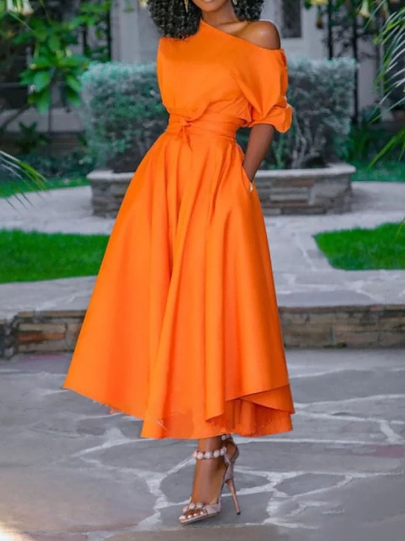 Oblique Shoulder Strap Elegant Solid Color Dress