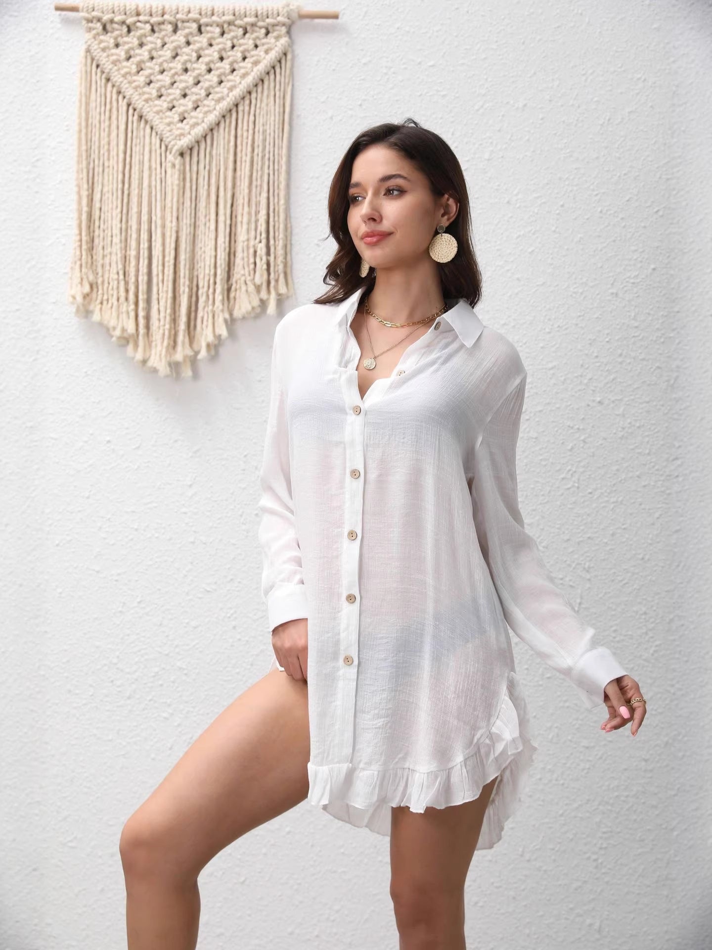 Women's Summer Slub Cotton Ruffle Vacation Style Beach Blouse