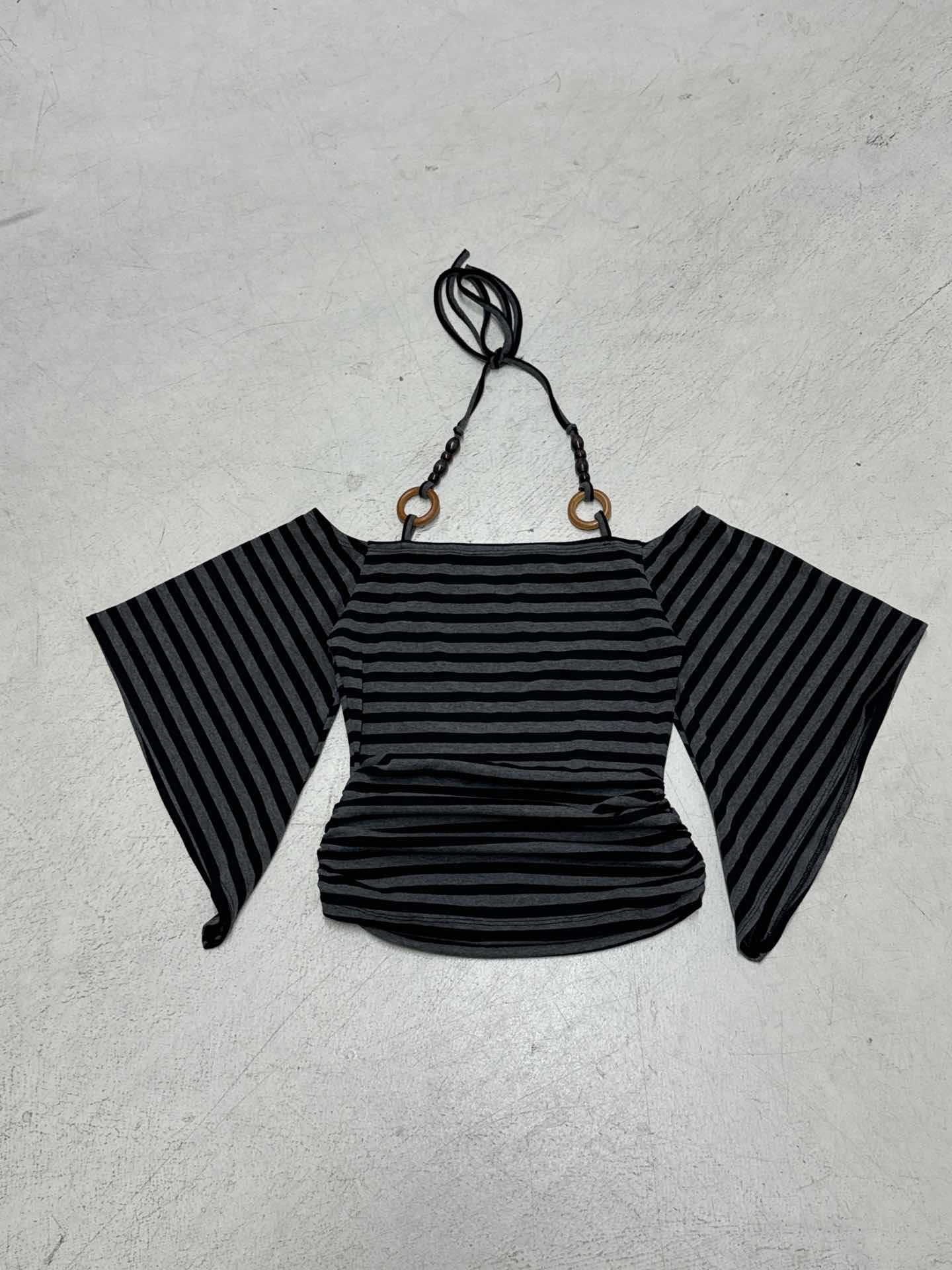 Vintage Stripe Flare Sleeve Hot Beaded Halter Niche Women's T-shirt