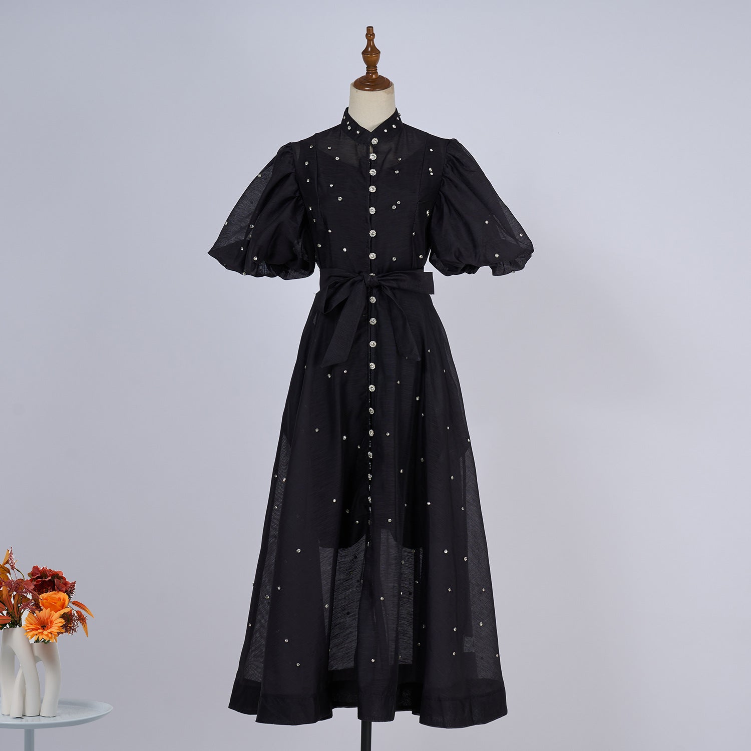 Summer Palace Style High Design Sense Rhinestone Sleeve Single-breasted Long Dress