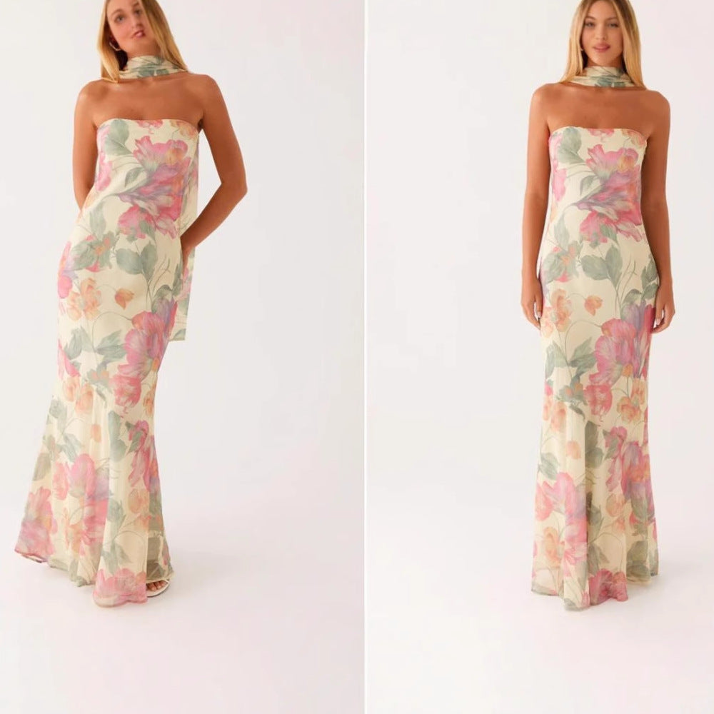 Graceful Satin Backless Tube Digital Printed Dress