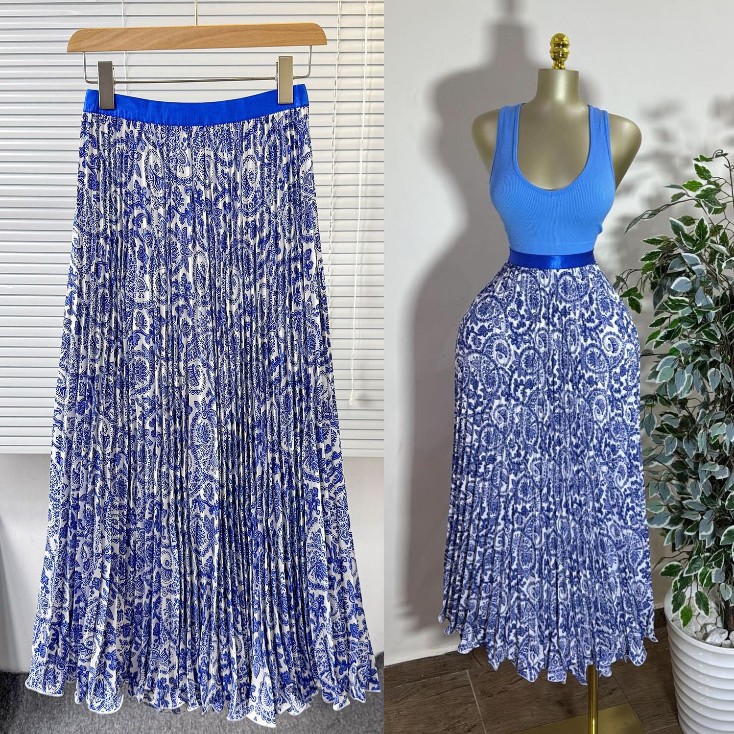 Women's Retro Printed High Waist A- Line Mid-length Pleated Large Hem Skirt
