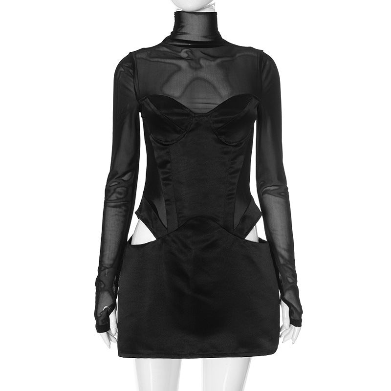 Mesh Patchwork Turtleneck Sexy Cut Hip Dress