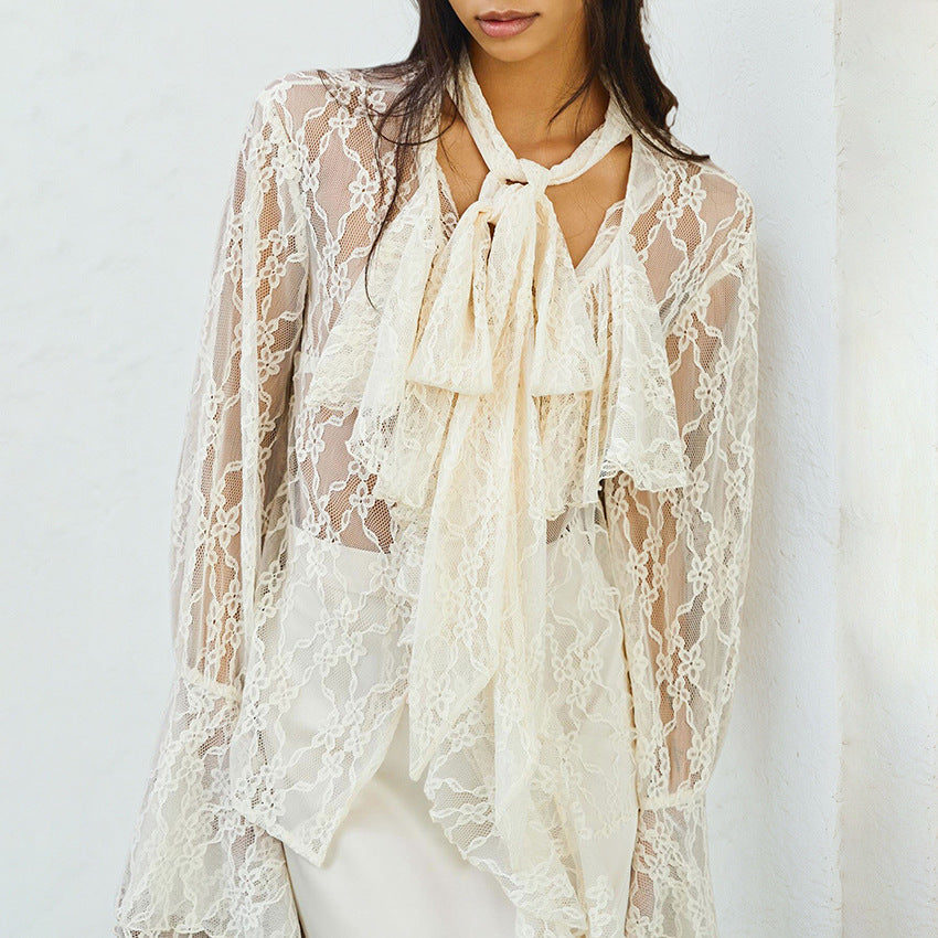 Lace Bow Long Sleeve Shirt Design Blouse
