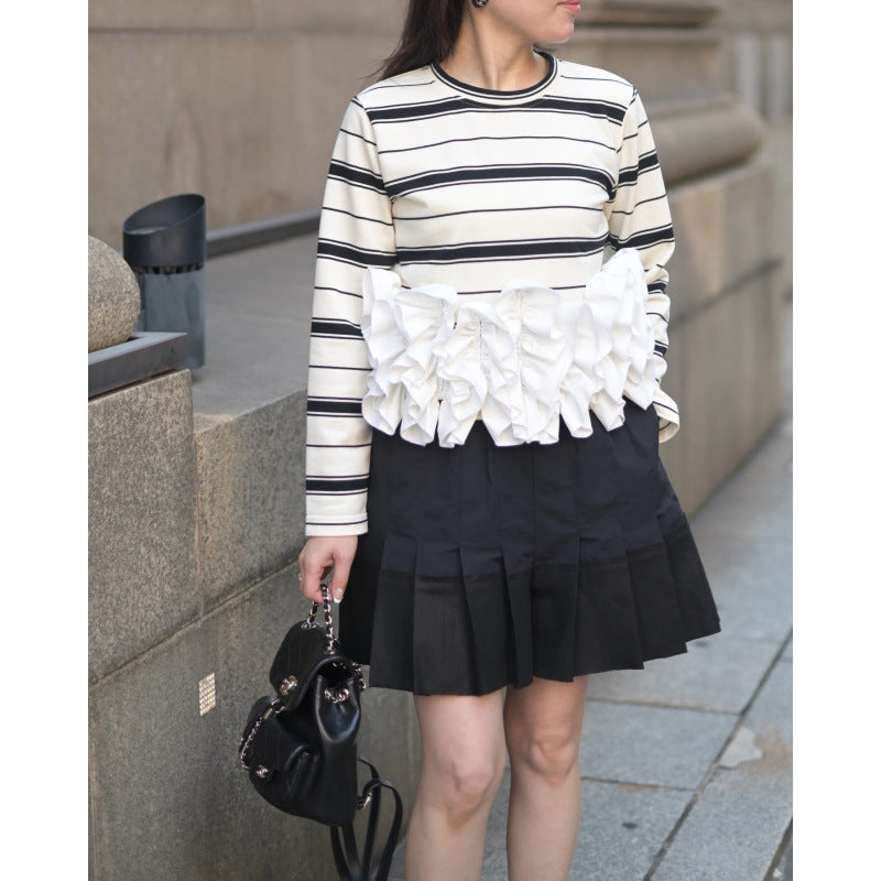 New Cool Women's Striped Long-sleeved Stitching Women's T-shirt