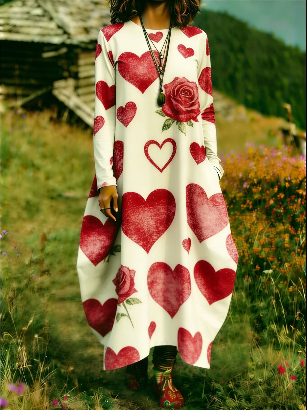 Women's Bohemian Heart Printing Round Neck Long Dress