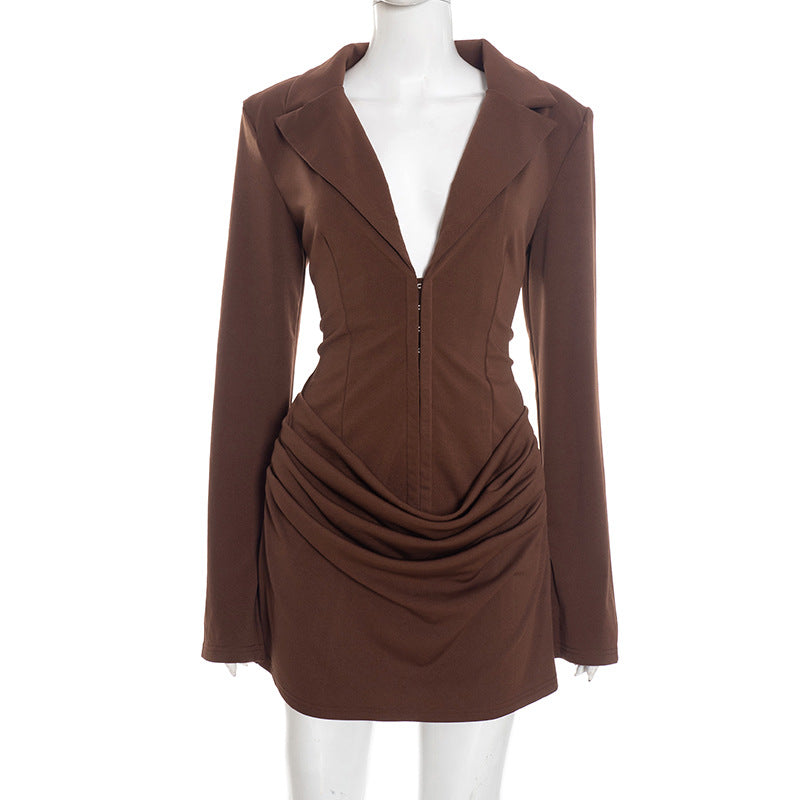 Women's Temperament Pure Color Deep Lapel Pleated Mini Dress